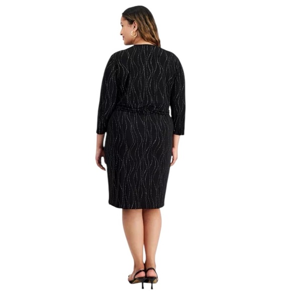 Kasper Plus Size 3/4-Sleeve Knit Wrap Dress Elegant Black Dress Subtle Patterns - Picture 2 of 8